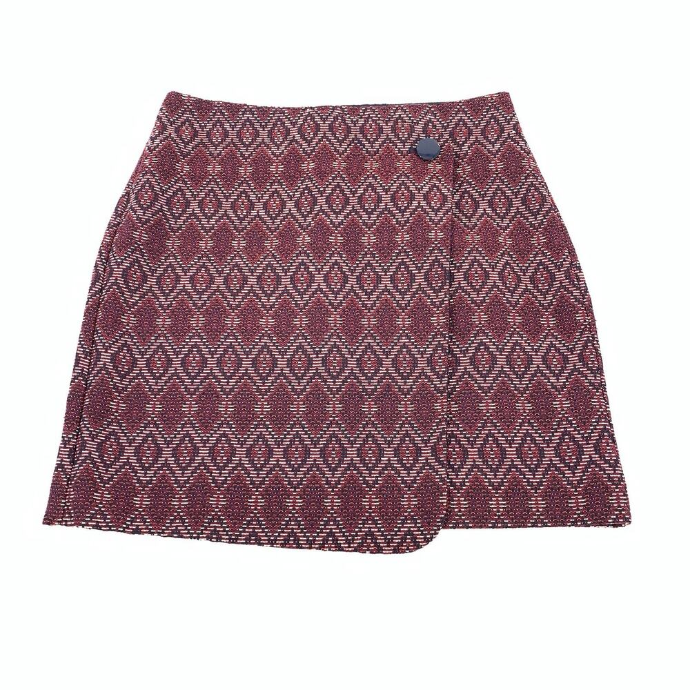 LOFT Ann Taylor Faux Wrap Skirt Size 6 Womens Red Geometric Diamond Print Small